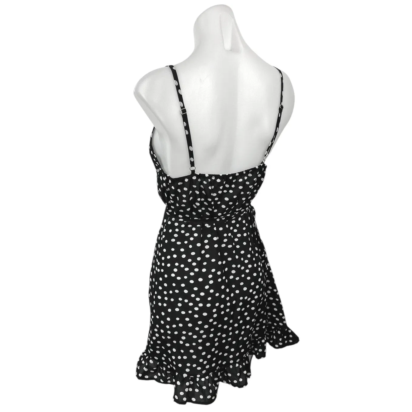 Princess Polly Black White Polka Dots Ruffle Sleeveless Mini Wrap Dress Size 8