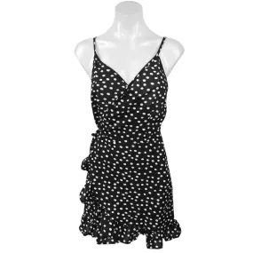 Princess Polly Black White Polka Dots Ruffle Sleeveless Mini Wrap Dress Size 8