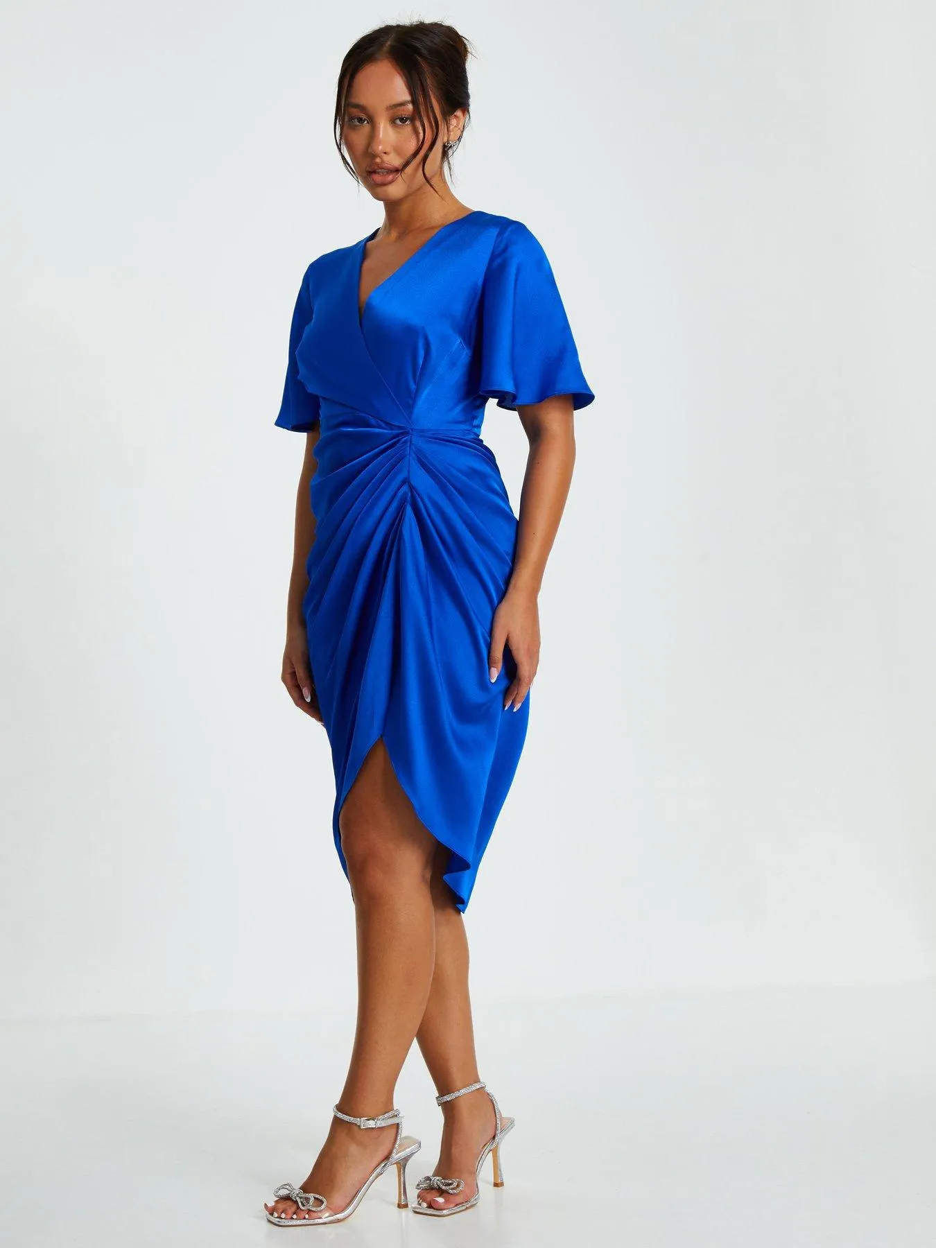 Quiz Petite Blue Satin Ruched Wrap Midi Dress