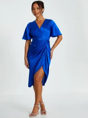 Quiz Petite Blue Satin Ruched Wrap Midi Dress