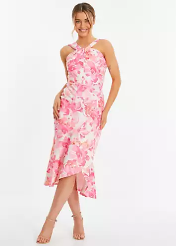 Quiz Pink Floral Print Scuba Twist Halterneck Midi Wrap Dress | Grattan