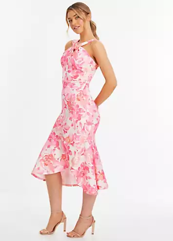 Quiz Pink Floral Print Scuba Twist Halterneck Midi Wrap Dress | Grattan