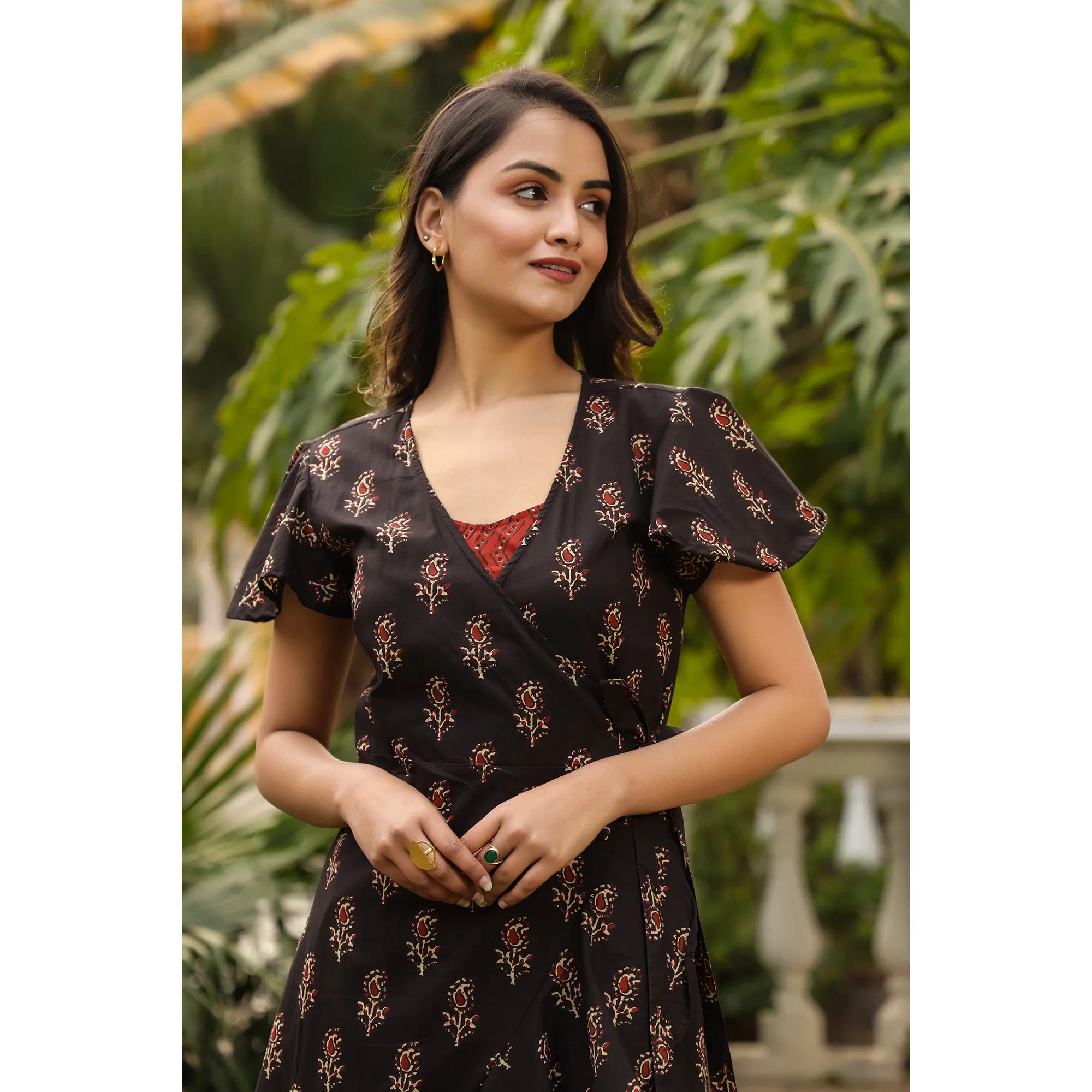 Rose Buds on Black Wrap Around Midi Dress with Inner