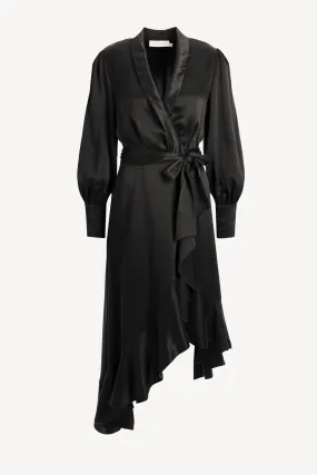 Silk Wrap Midi Dress in Schwarz