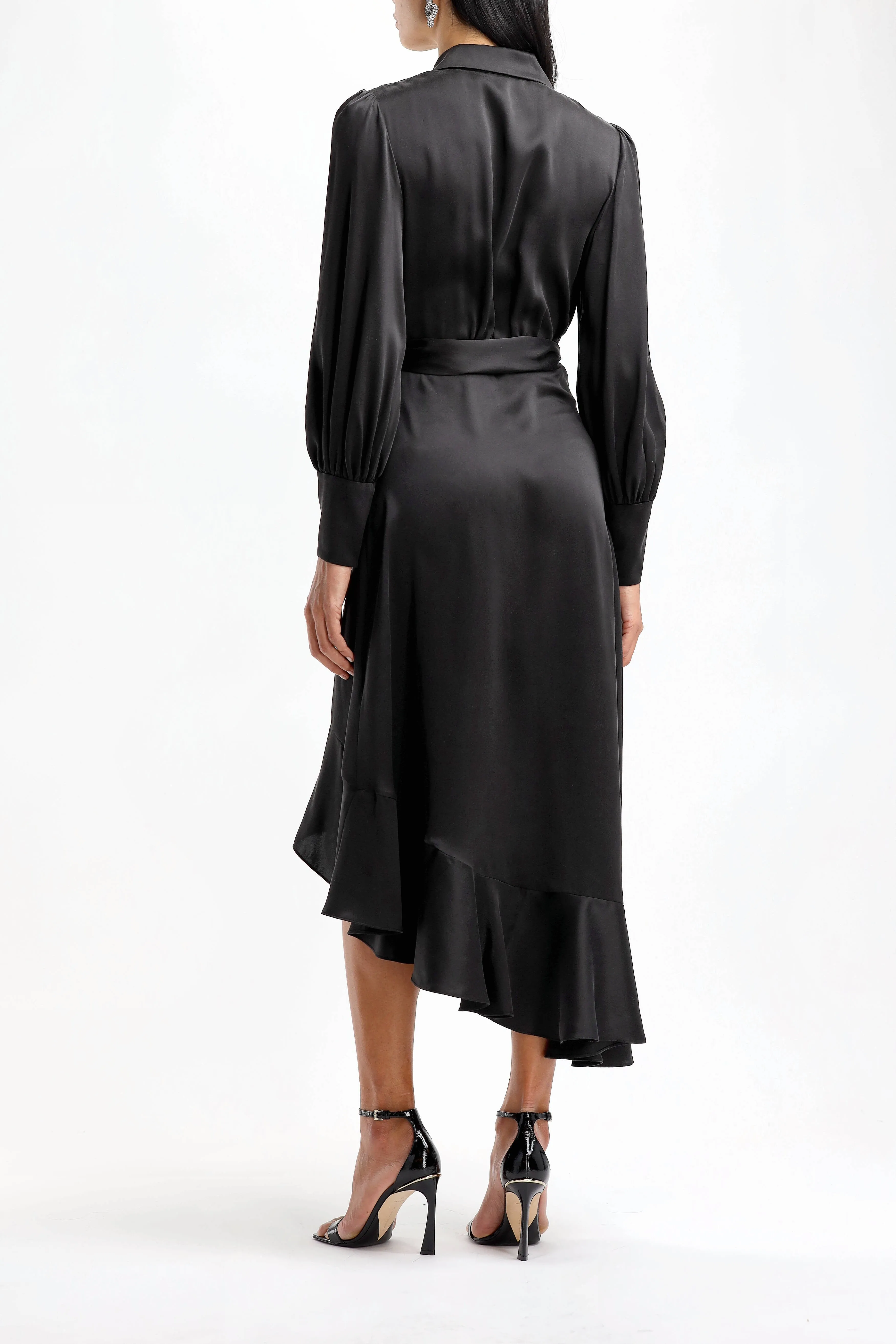 Silk Wrap Midi Dress in Schwarz