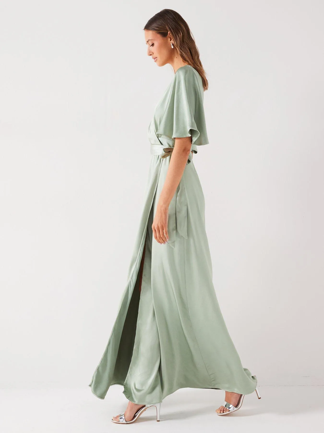 Six Stories Wrap Tie Satin Bridesmaid Dress - Sage