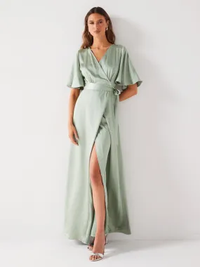 Six Stories Wrap Tie Satin Bridesmaid Dress - Sage