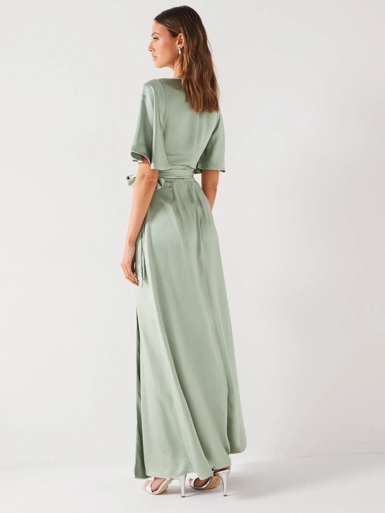 Six Stories Wrap Tie Satin Bridesmaid Dress - Sage