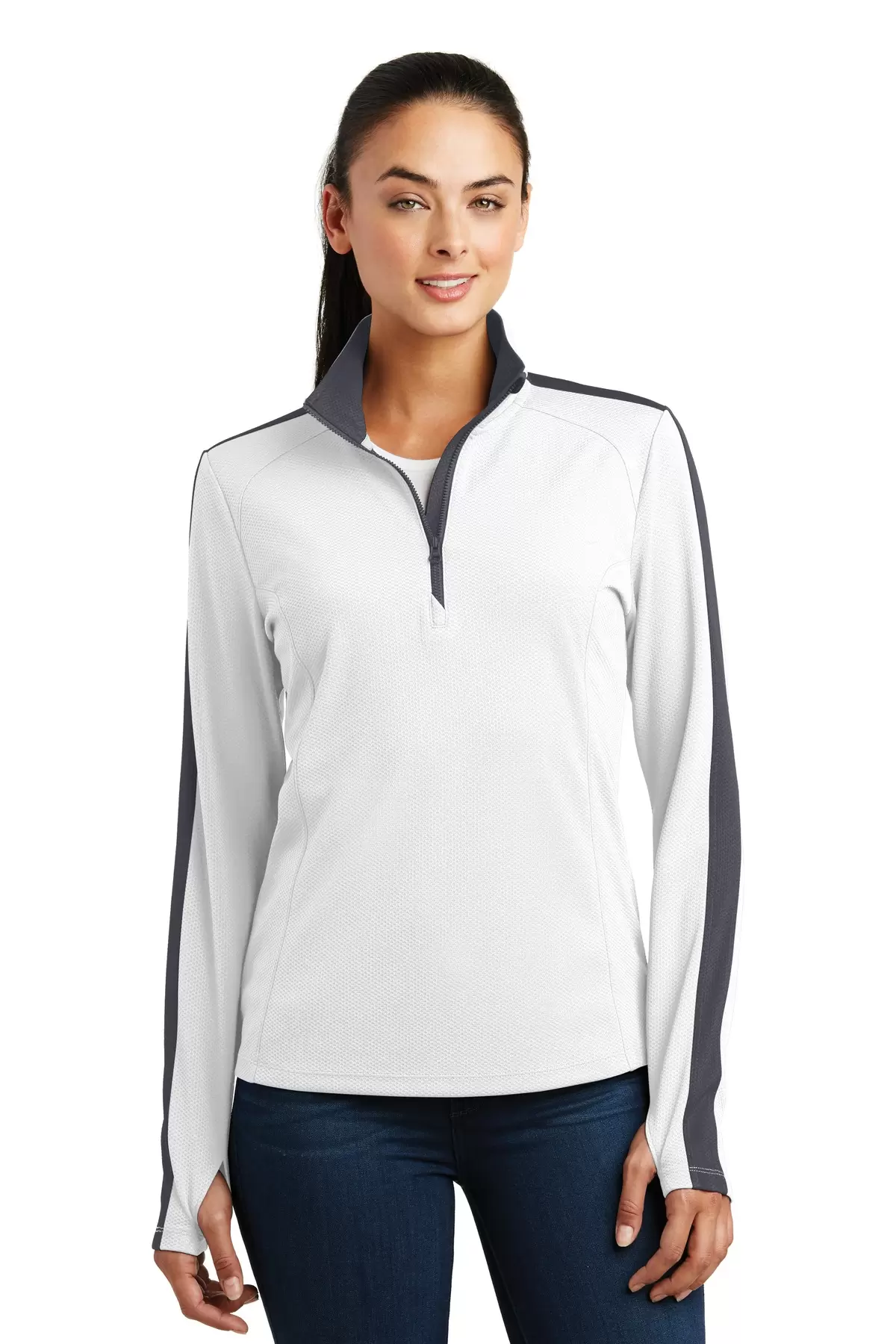 Sport Tek LST861 Sport-Tek Ladies Sport-Wick Textured Colorblock 1/4-Zip Pullover SKU: LST861