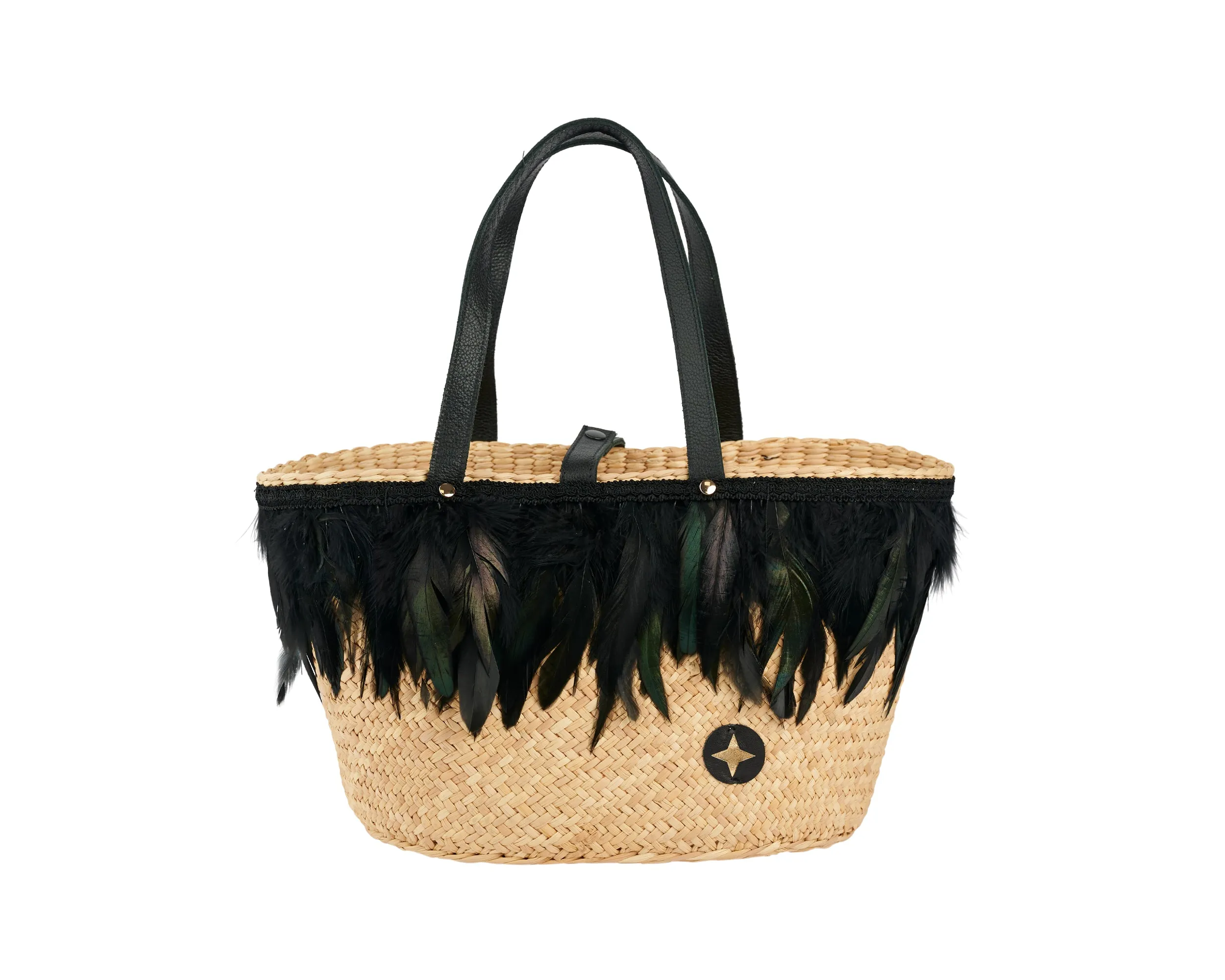 Straw Feather Black Tote