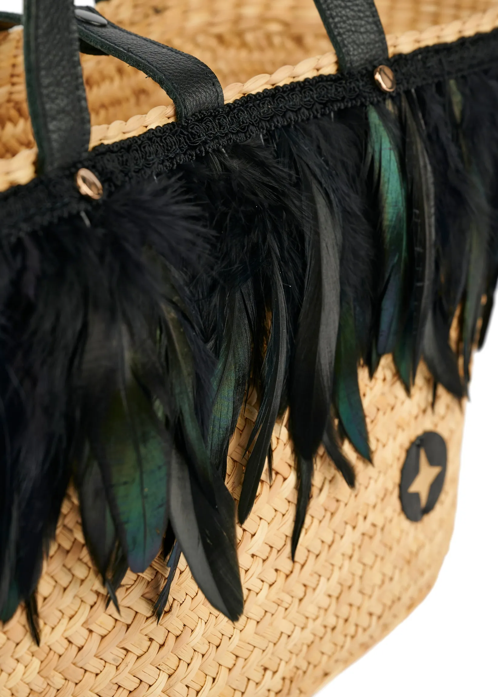 Straw Feather Black Tote