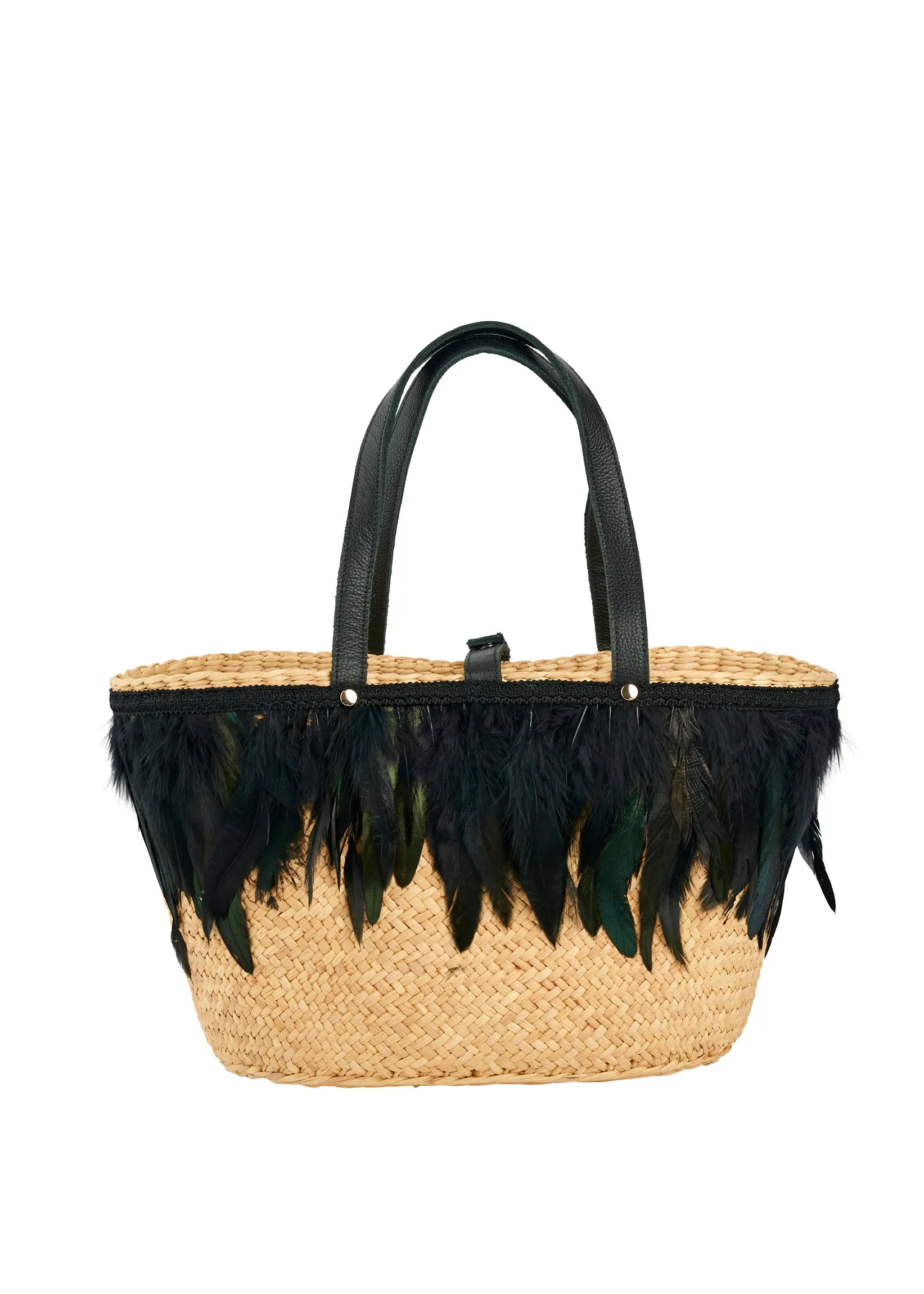 Straw Feather Black Tote