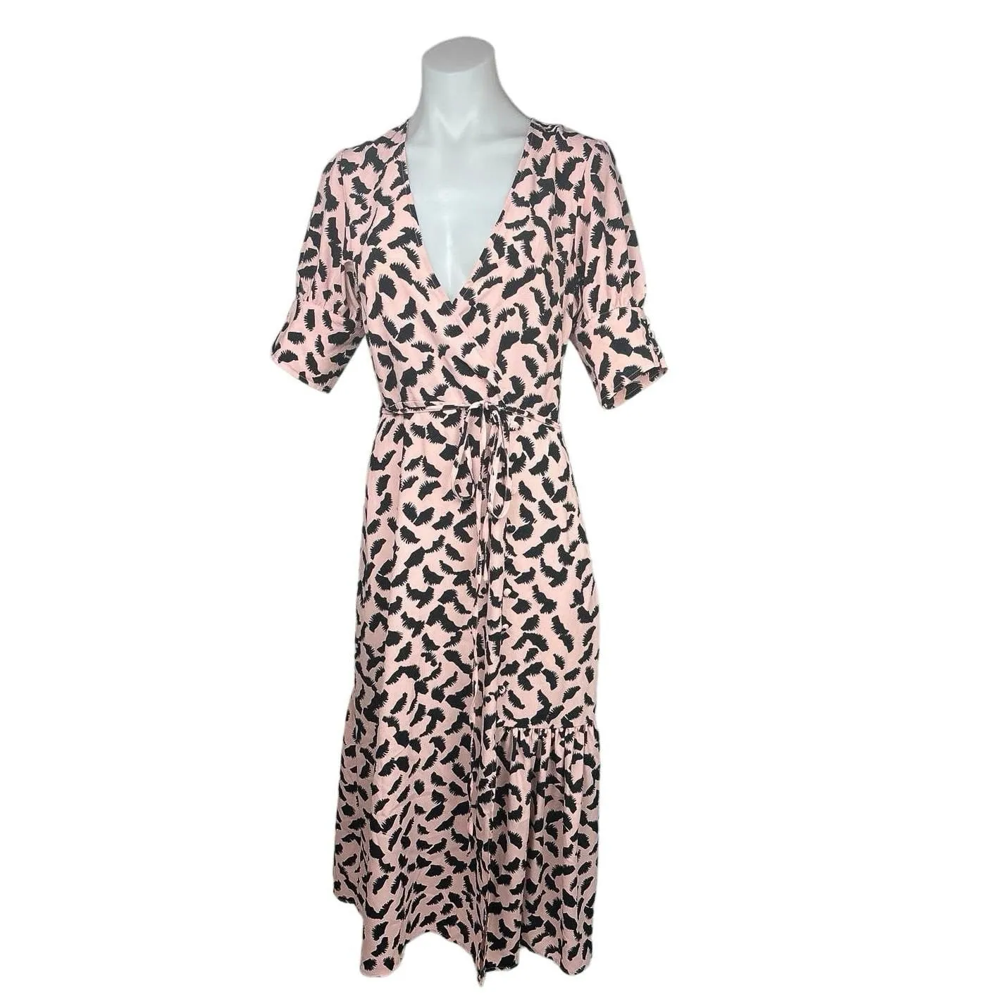 Topshop Pink V Neck Printed Tie Waist Drop Waist Flowy Midi Wrap Dress Size 4