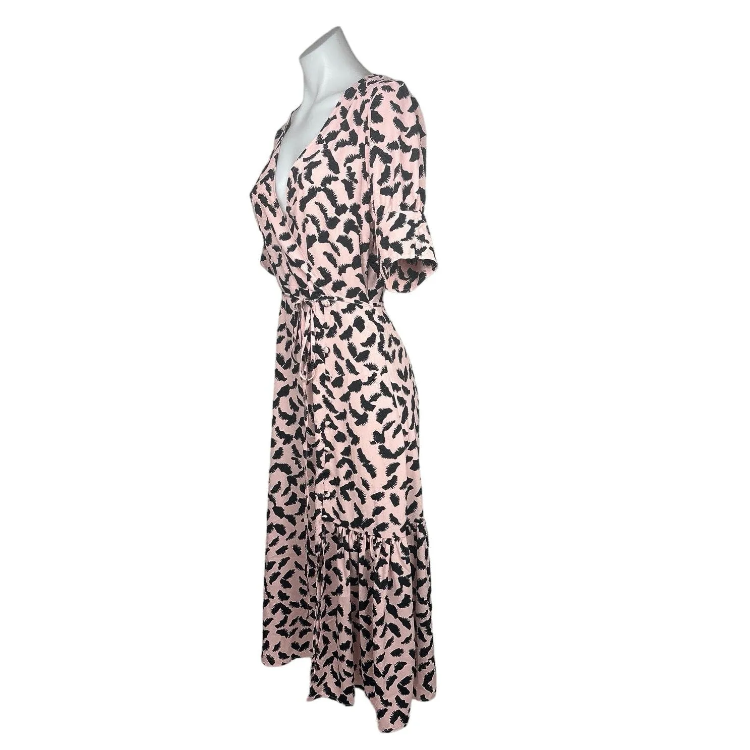 Topshop Pink V Neck Printed Tie Waist Drop Waist Flowy Midi Wrap Dress Size 4