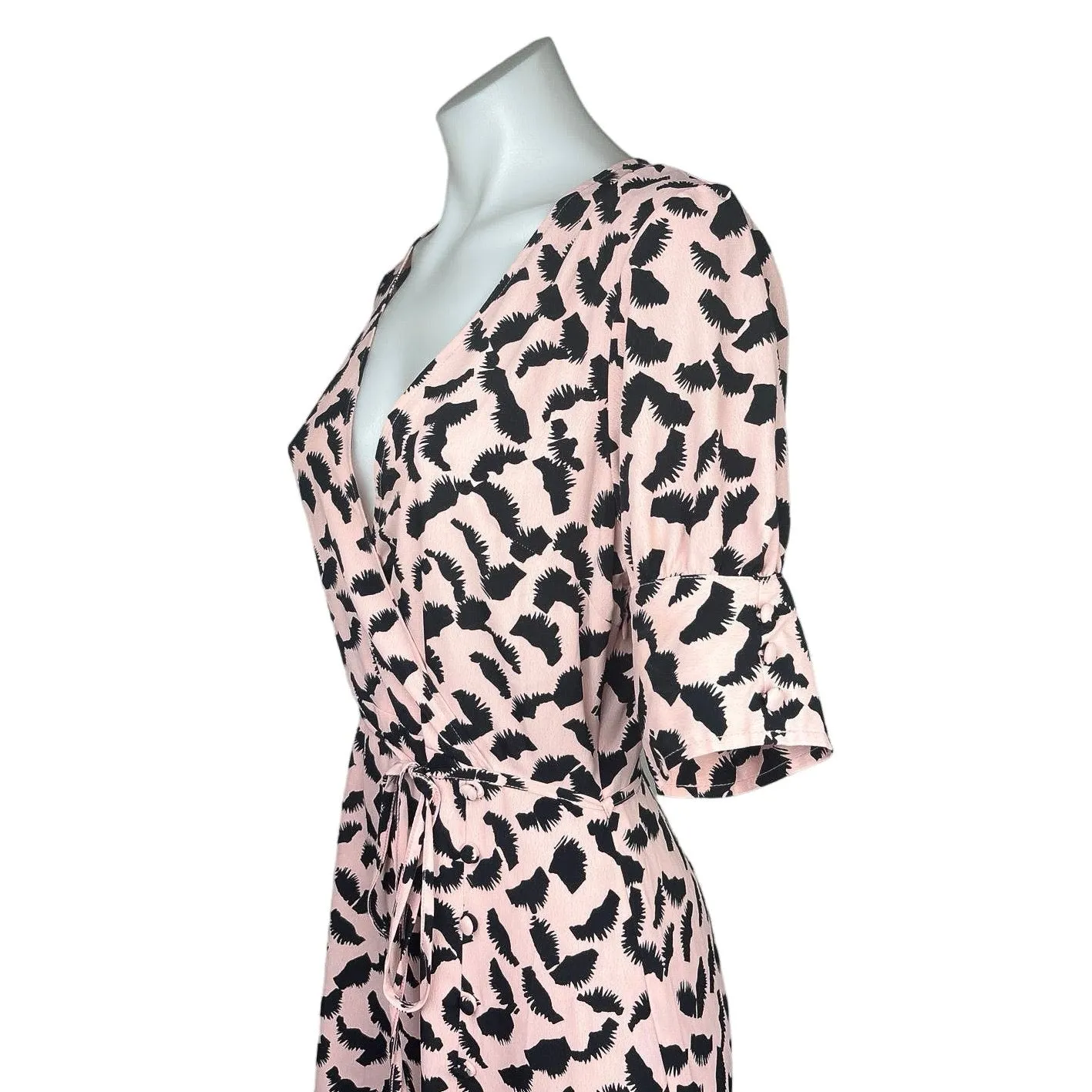 Topshop Pink V Neck Printed Tie Waist Drop Waist Flowy Midi Wrap Dress Size 4