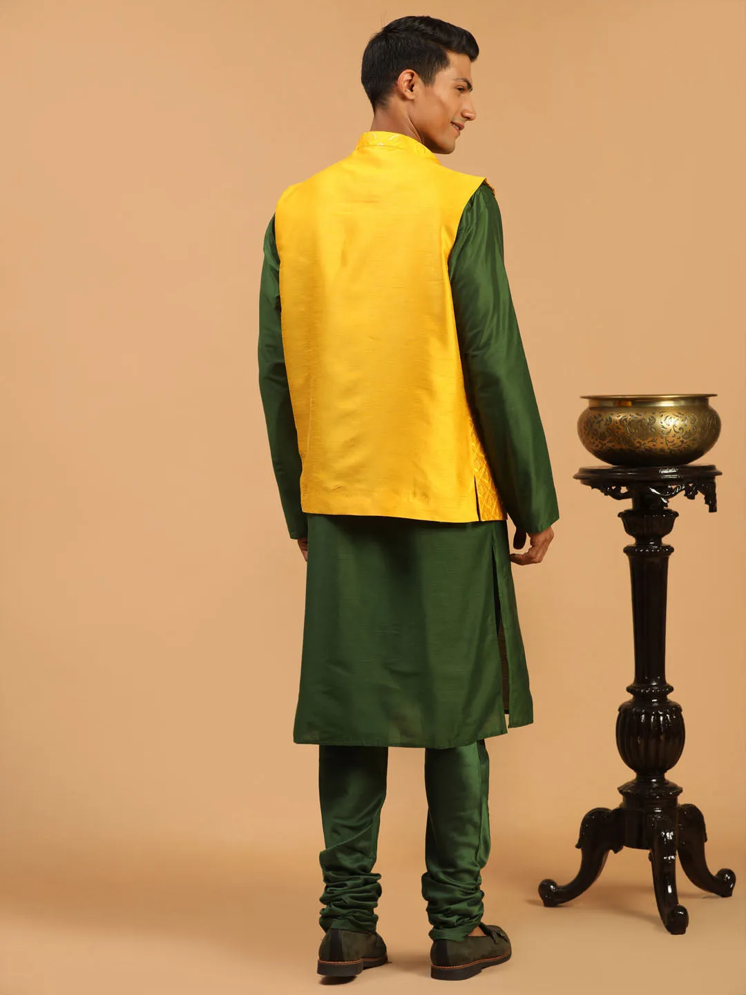 Vastramay Men's Yellow Embellished Ethnic Nehru Jacket with Kurta Pyjama Set