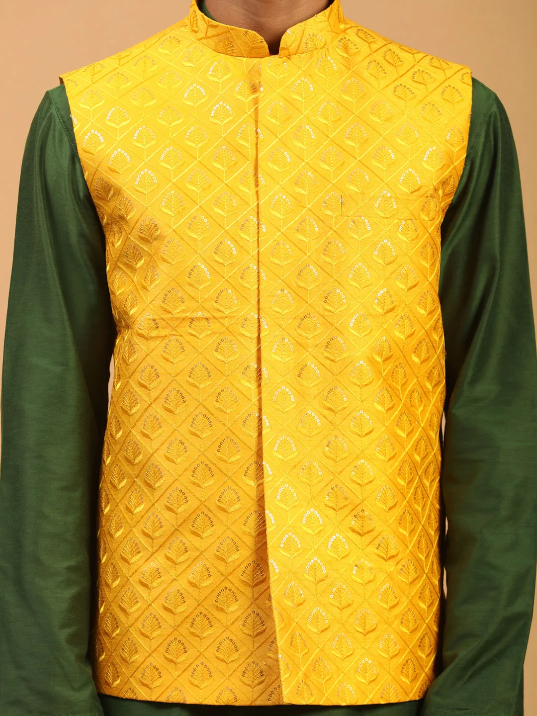 Vastramay Men's Yellow Embellished Ethnic Nehru Jacket with Kurta Pyjama Set