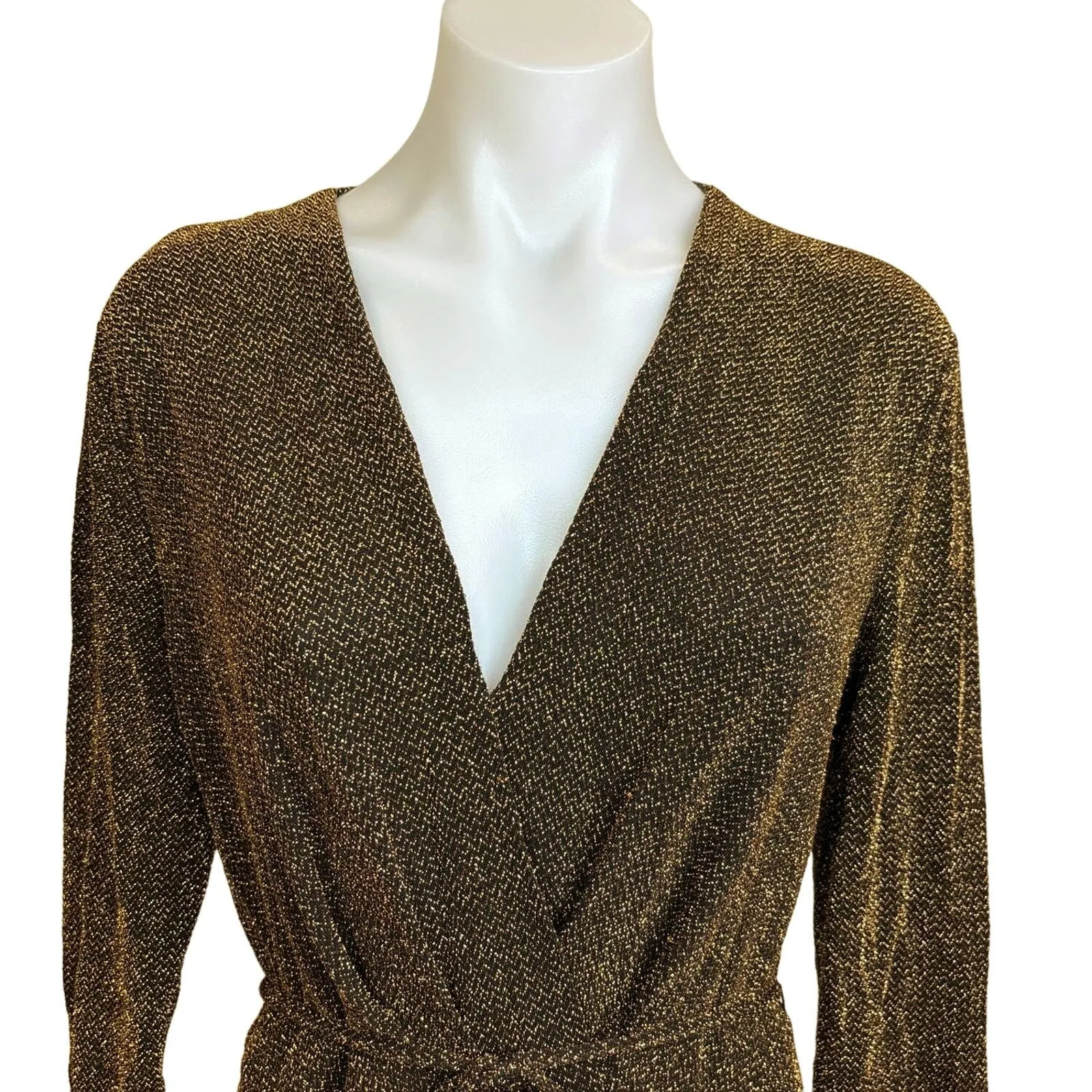 Who What Wear Metallic Gold Faux Wrap Tie Waist Midi Long Sleeve Dress Size M