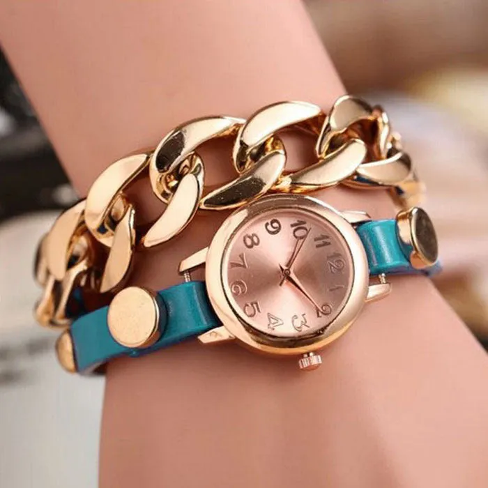 women girl Dress Watch Punk Gold Dial Leather Chain Wrap Analog Quartz Wrist Watch Bracelet Hours