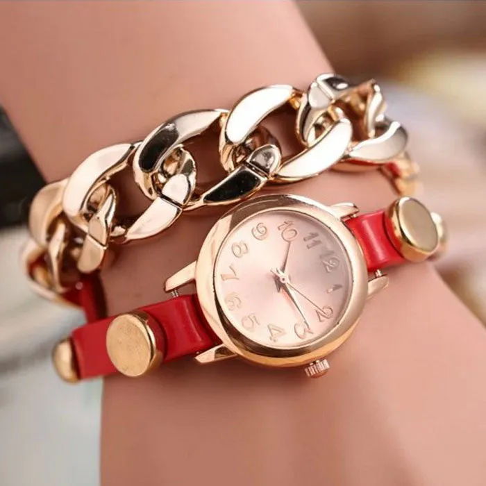 women girl Dress Watch Punk Gold Dial Leather Chain Wrap Analog Quartz Wrist Watch Bracelet Hours