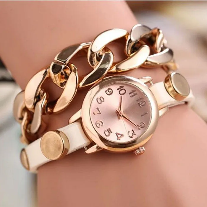 women girl Dress Watch Punk Gold Dial Leather Chain Wrap Analog Quartz Wrist Watch Bracelet Hours