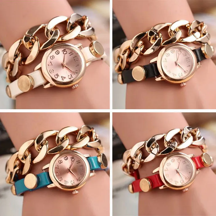 women girl Dress Watch Punk Gold Dial Leather Chain Wrap Analog Quartz Wrist Watch Bracelet Hours