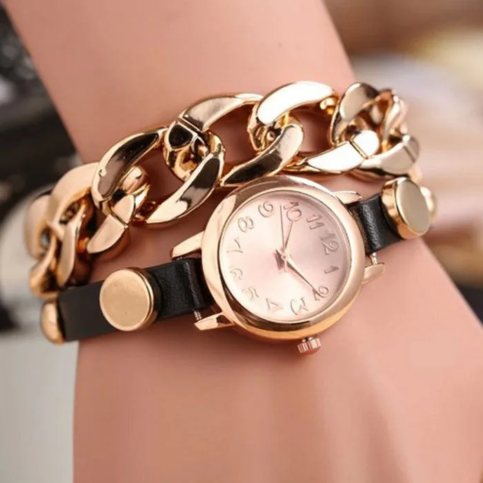 women girl Dress Watch Punk Gold Dial Leather Chain Wrap Analog Quartz Wrist Watch Bracelet Hours