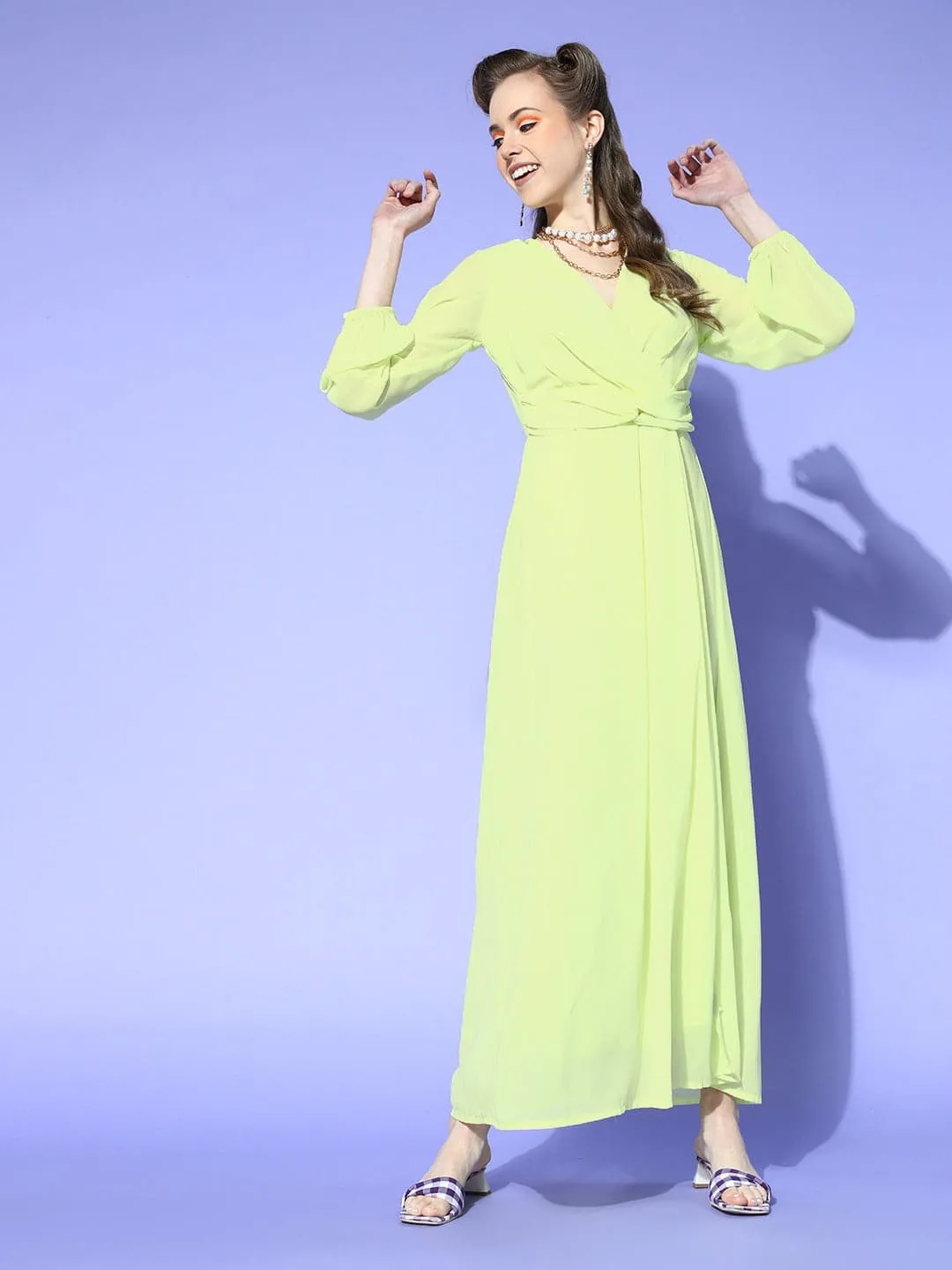 Women Lime Green Wrap Maxi Dress