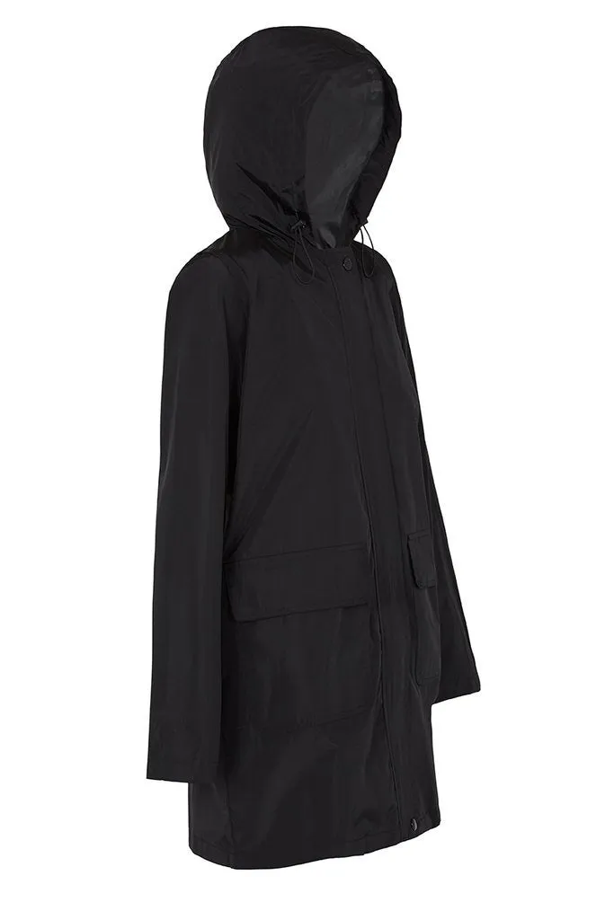 Women’s Packable Hooded 3/4 Rain Jacket, Black, PAQME