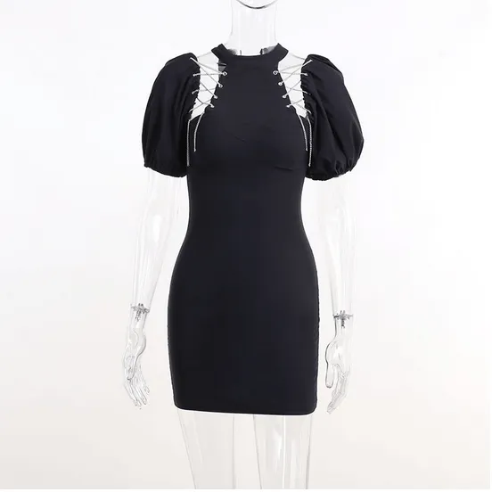 Women's Punk Lacing-up Puff Sleeved Wrap Dress