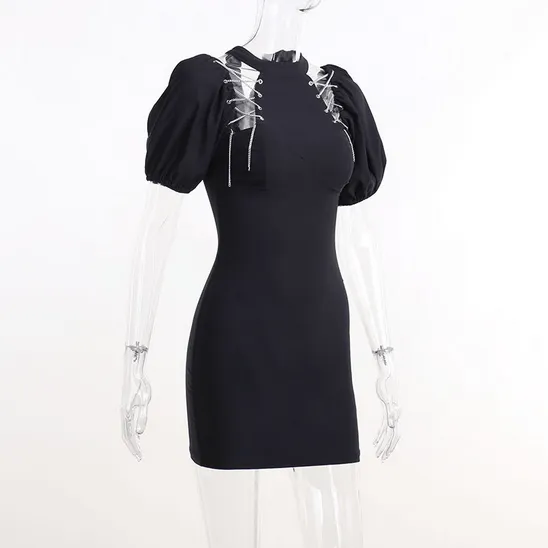 Women's Punk Lacing-up Puff Sleeved Wrap Dress