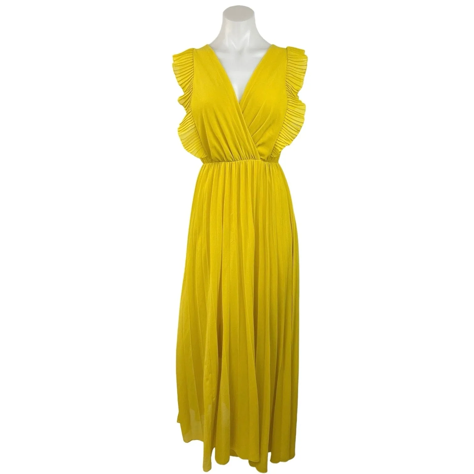 Women's  Yellow V-Neck Flutter Sleeve Pleated Pull On Maxi Wrap Dress Size 8