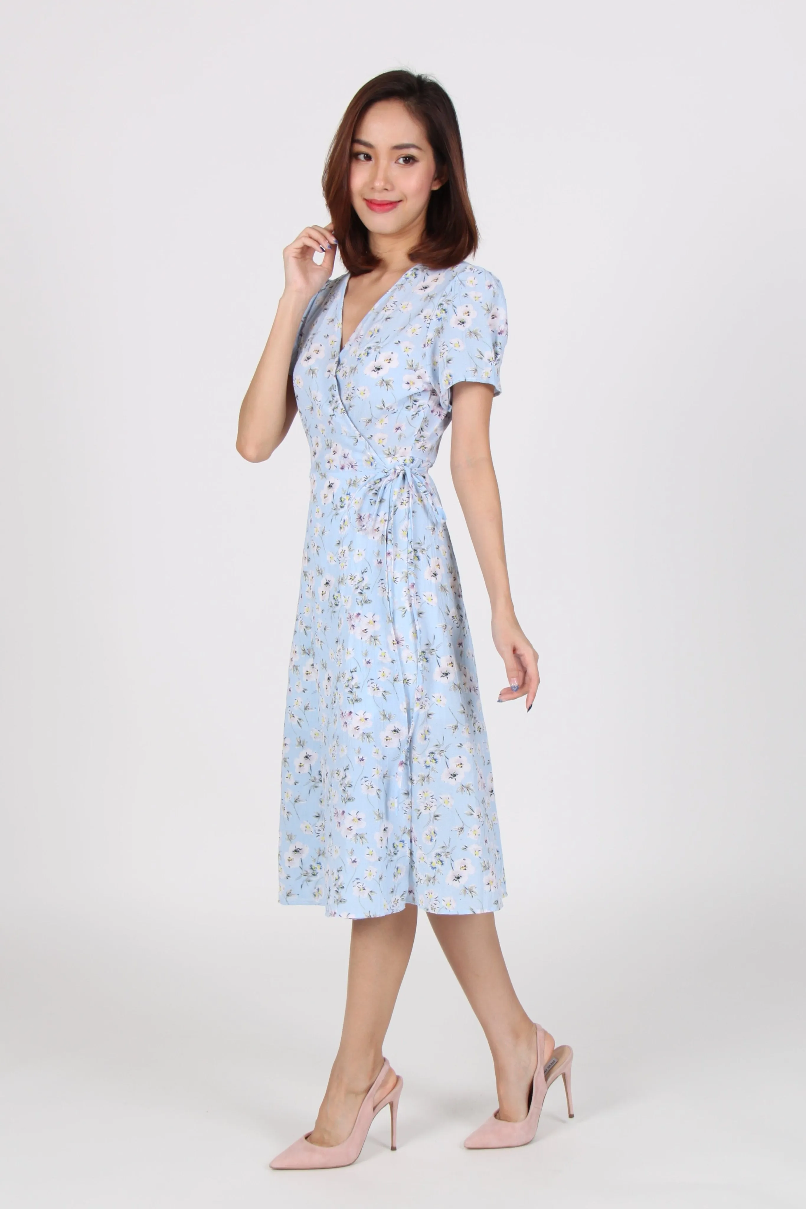 Wrap Floral Midi Dress in Light Blue