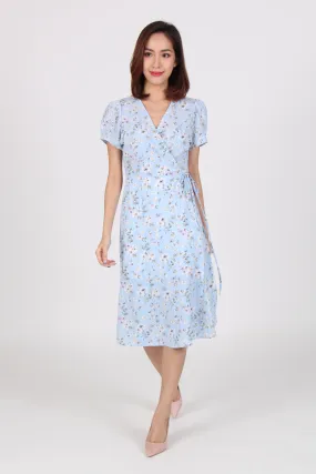 Wrap Floral Midi Dress in Light Blue