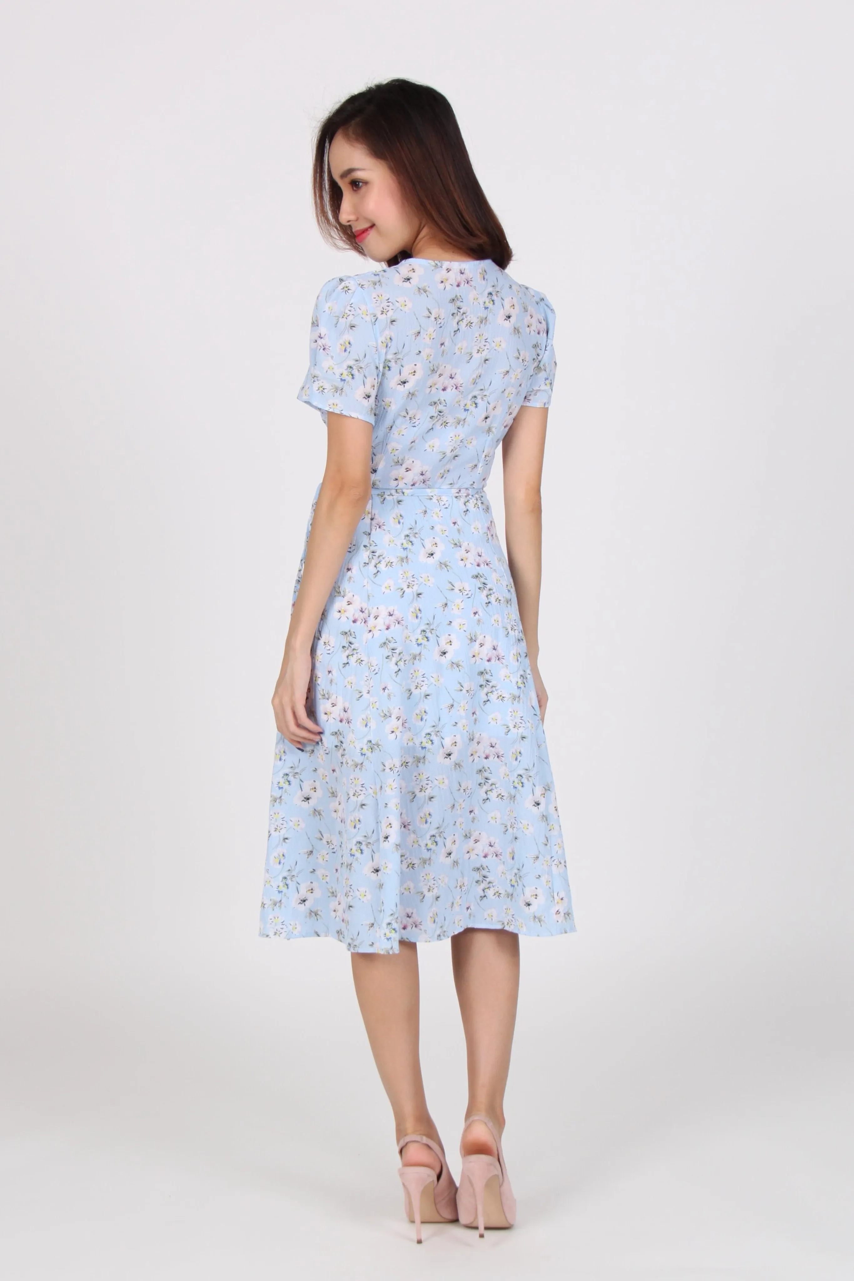 Wrap Floral Midi Dress in Light Blue