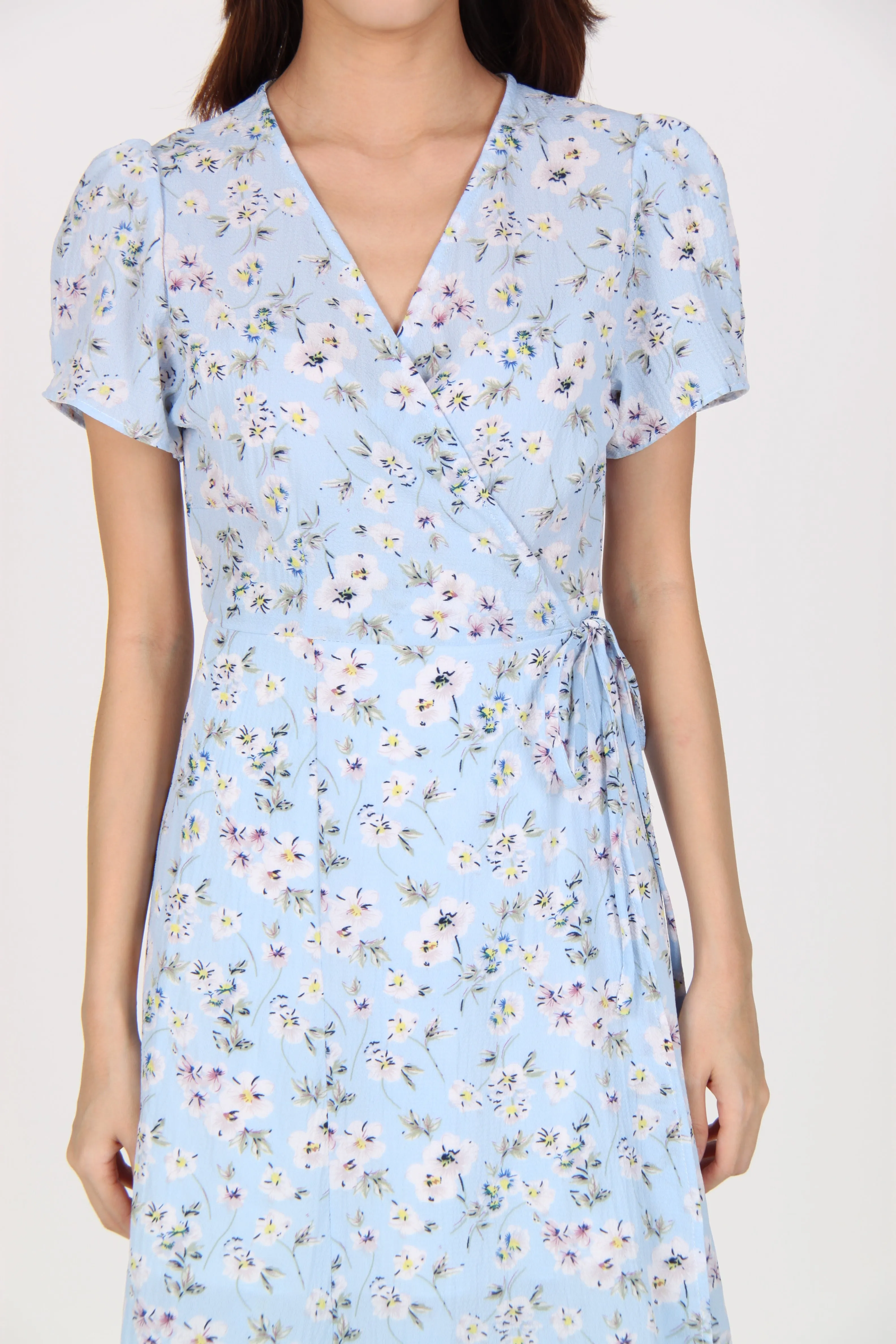 Wrap Floral Midi Dress in Light Blue