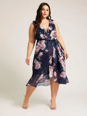 Yours Curve Floral Double Wrap Ruffle Dress