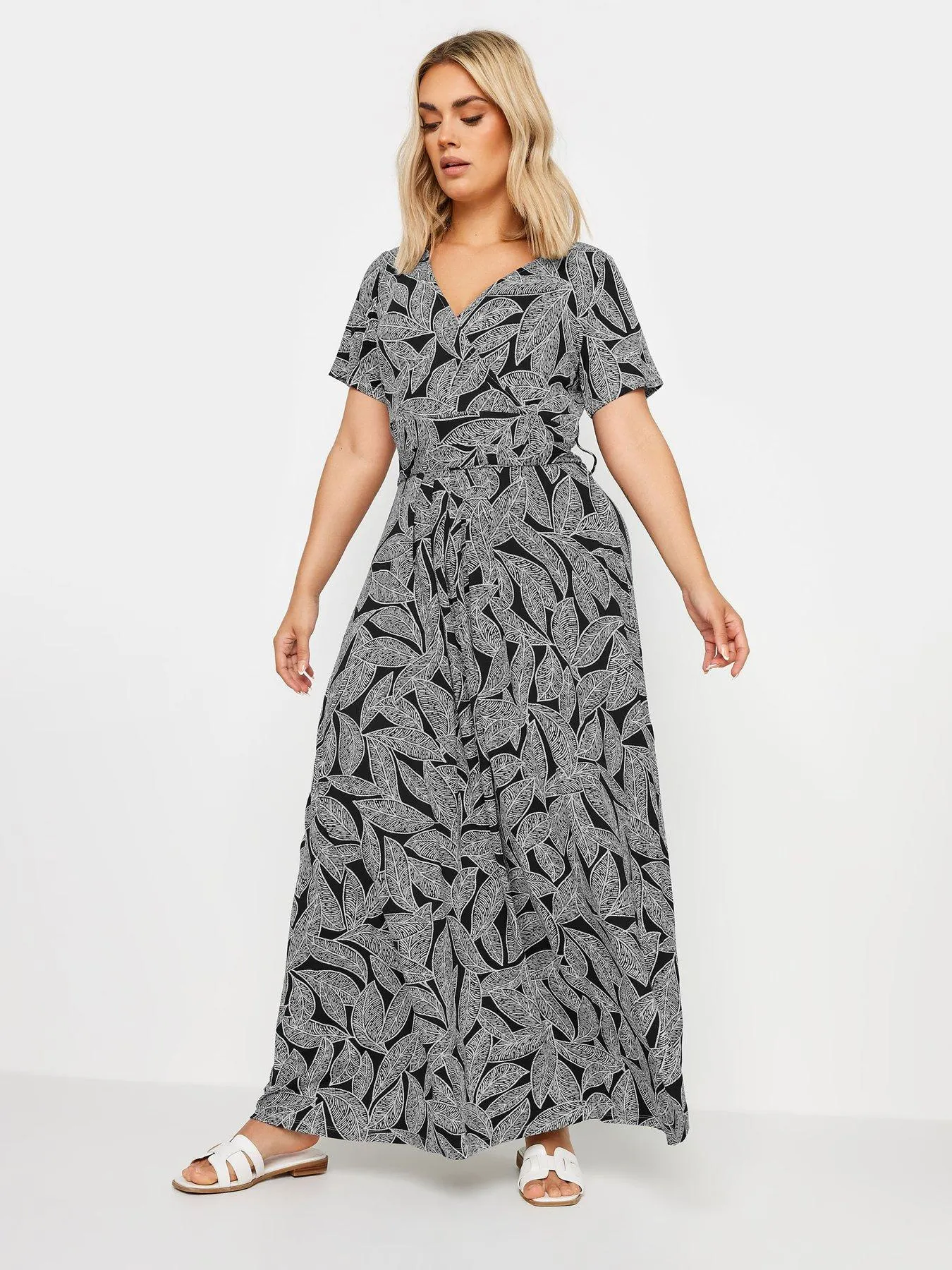 Yours Leaf Print Wrap Maxi Dress - Mono