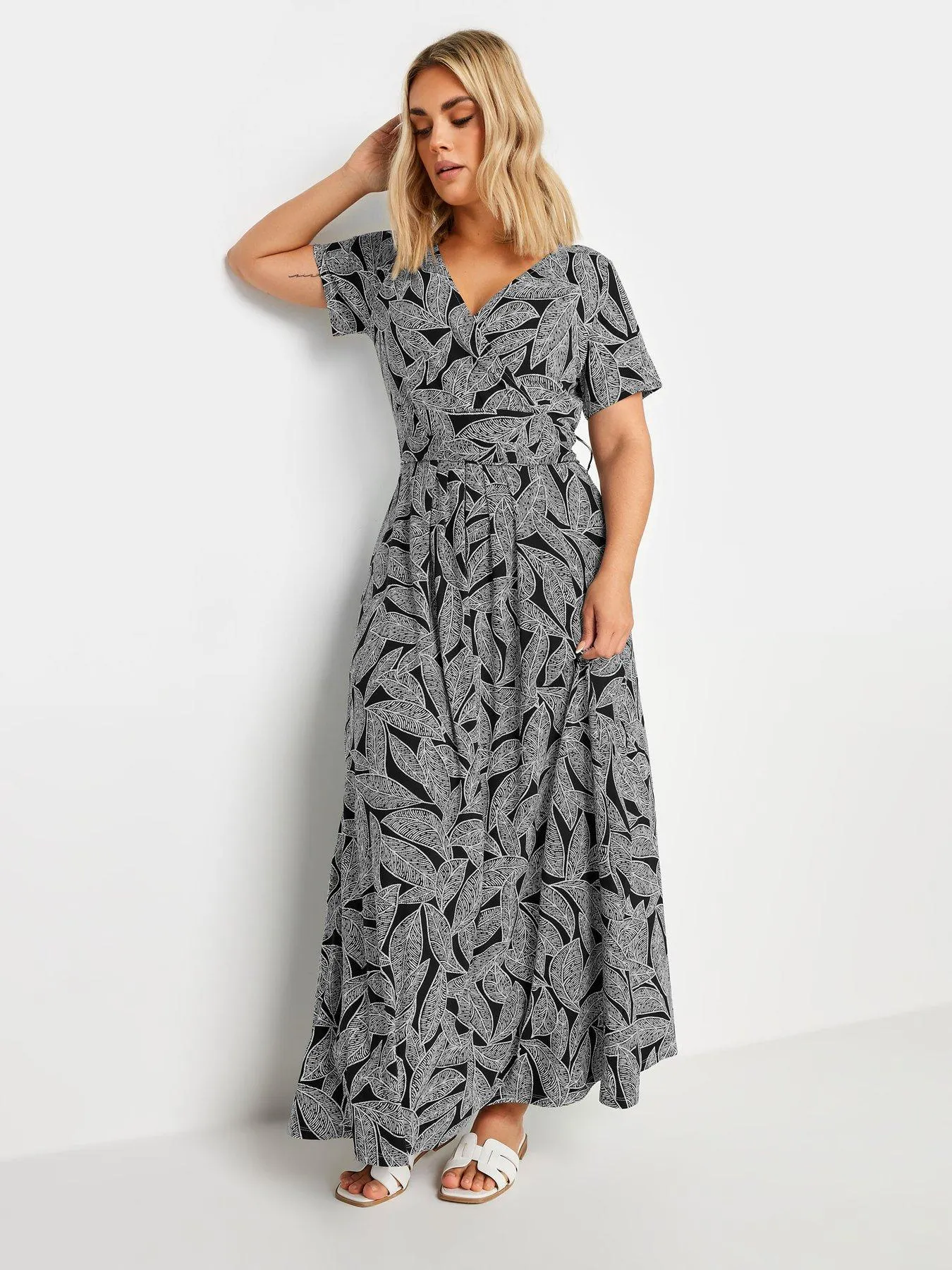 Yours Leaf Print Wrap Maxi Dress - Mono