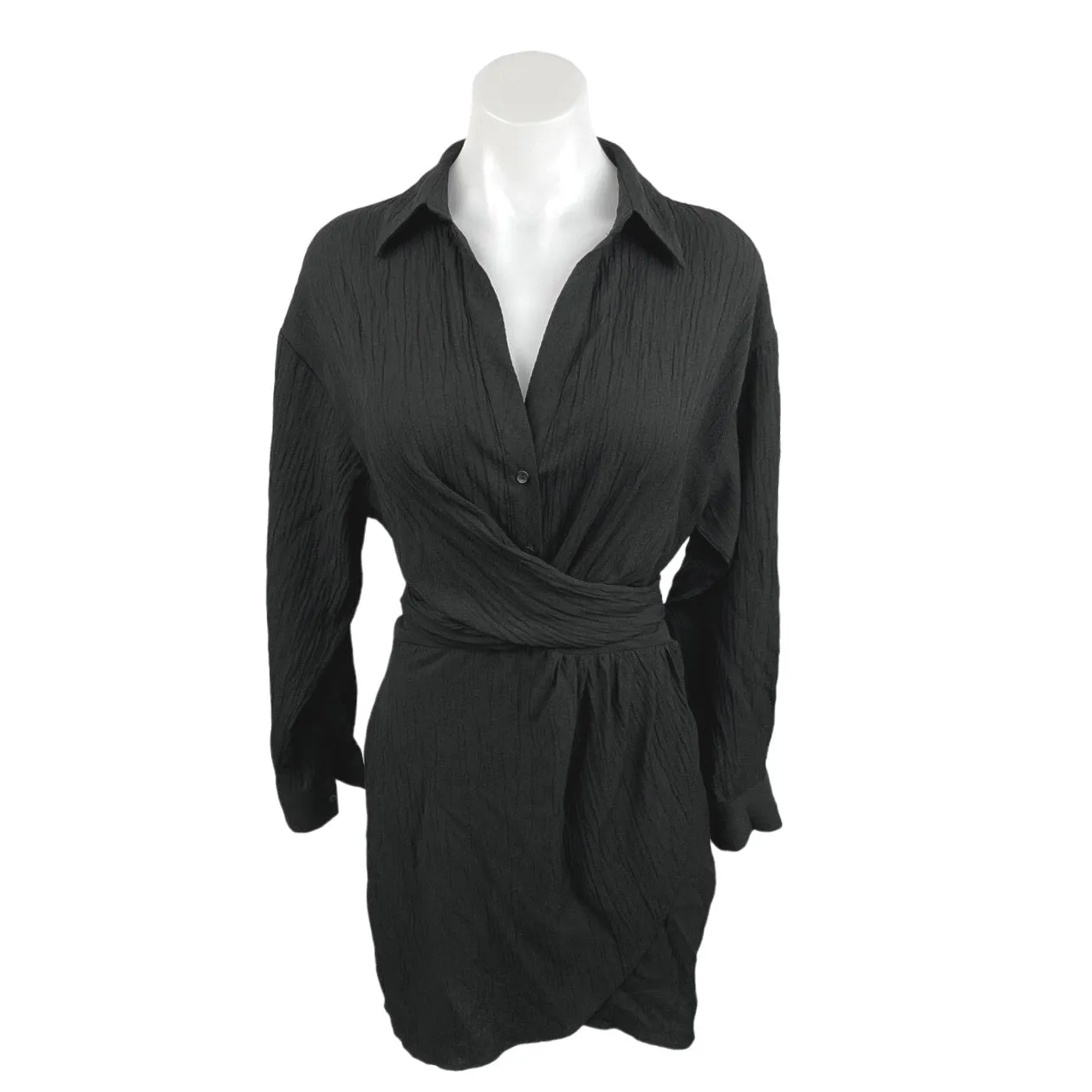 Zara Black Black Collared V Neck Long Sleeve Adjustable Mini Wrap Dress Size XS