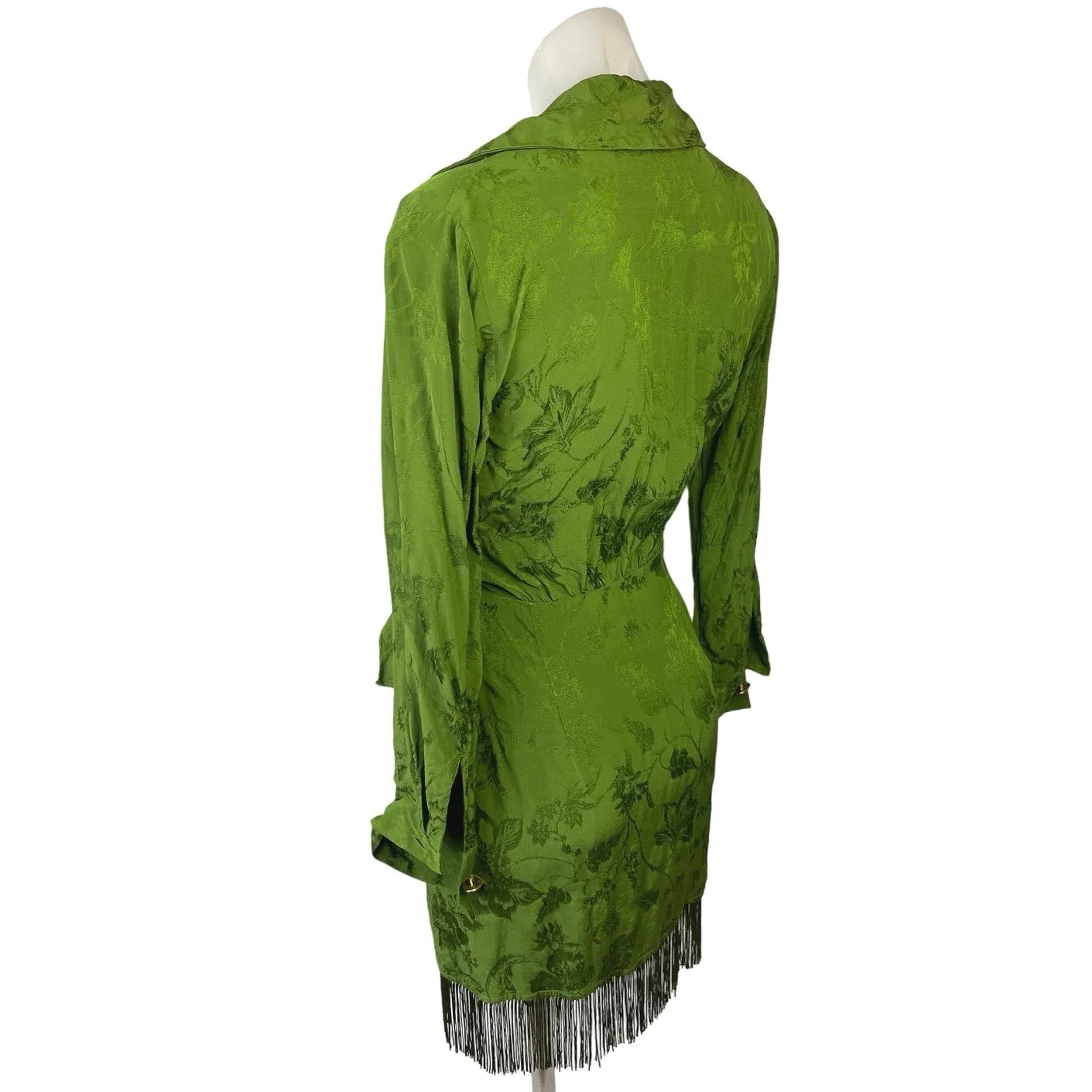 Zara Green Fringe Jacquard Long Sleeve Collar V-neck Mini Tie Wrap Dress Size S