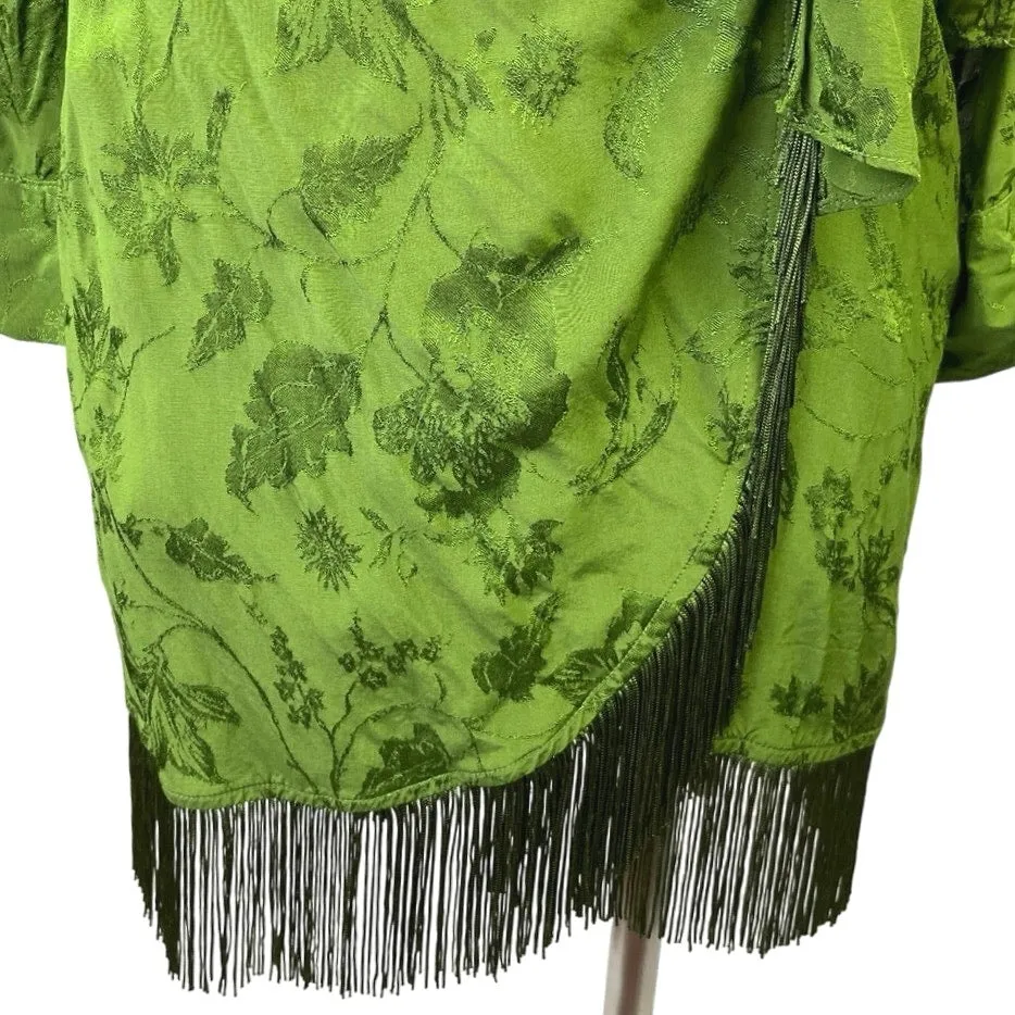 Zara Green Fringe Jacquard Long Sleeve Collar V-neck Mini Tie Wrap Dress Size S